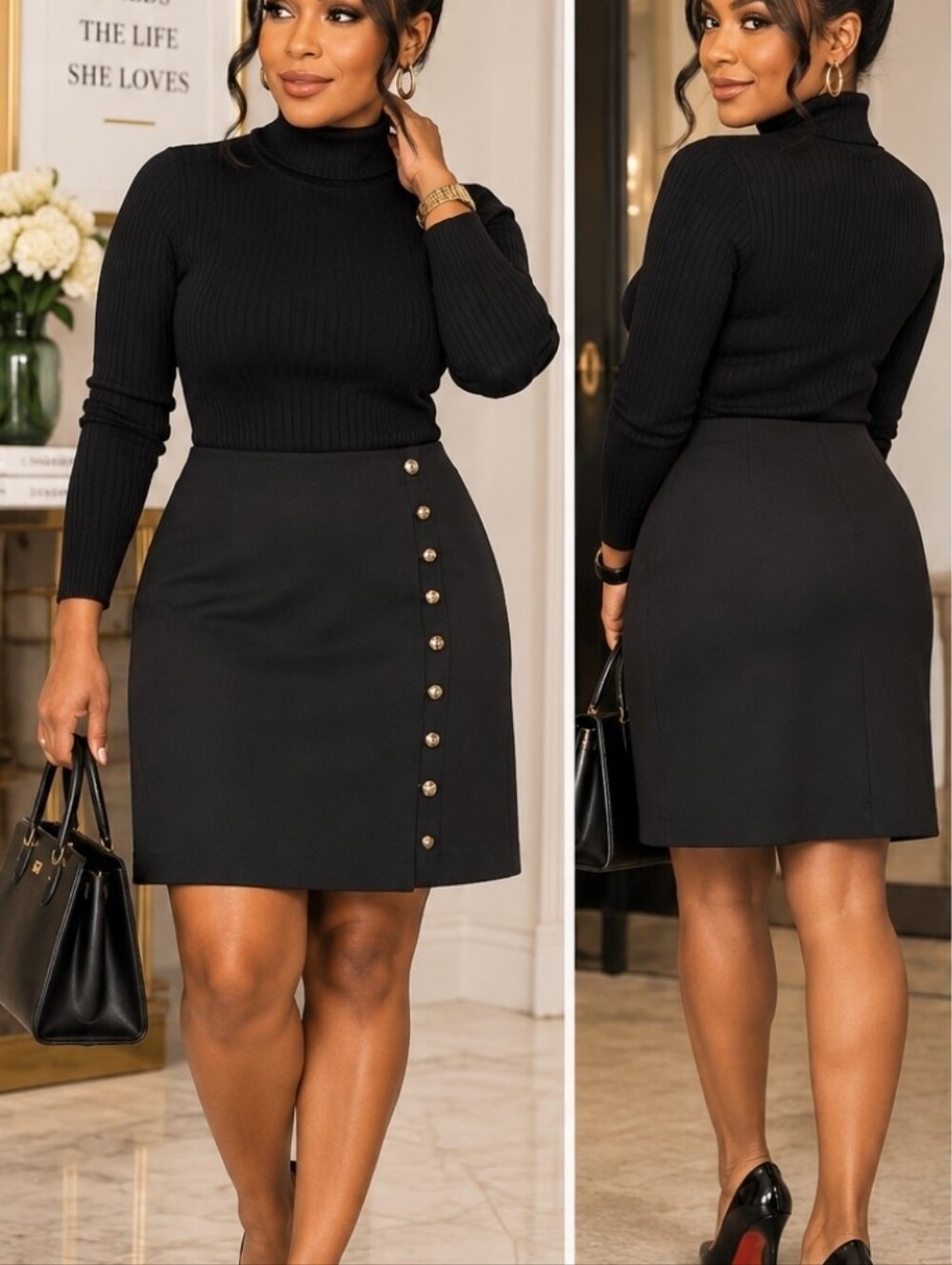 Talbots Petites 8P Black A-Line Skirt Gold Button Detail Fully Lined Care